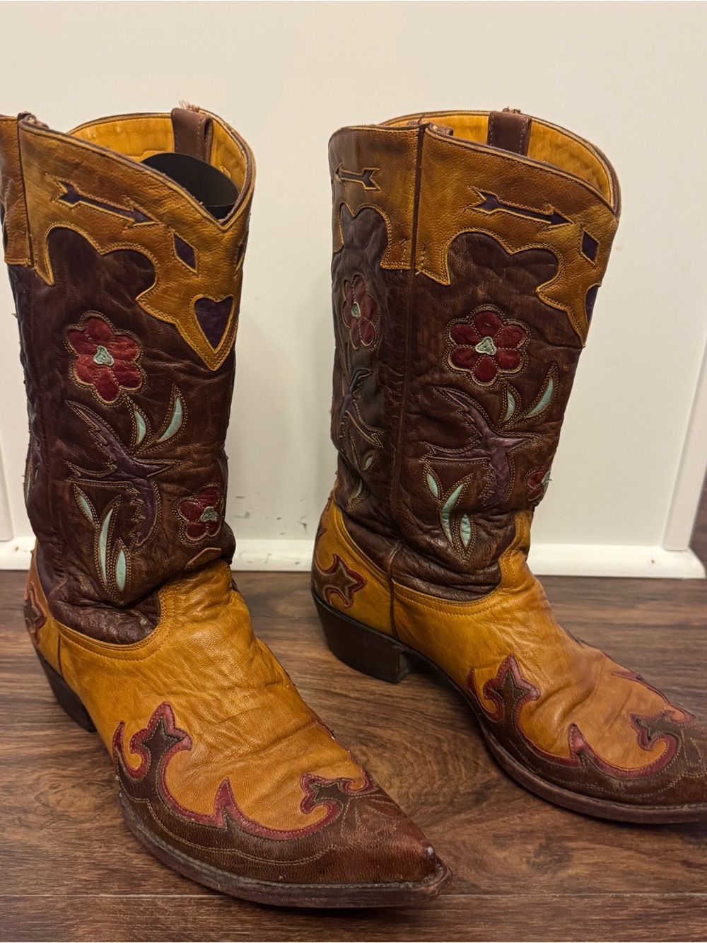 ed Leather Cowboy Vtg Old Gringo Women’s Sz 10 B Brown & Tan Flower Bird Cowgirl